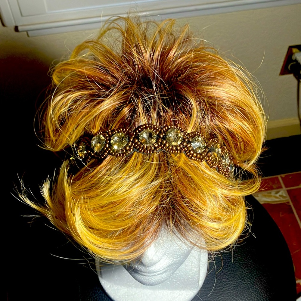 🤎💎Pink Pewter Glitzy Headband W/Large Beautiful Gems & Brown Beading O/S